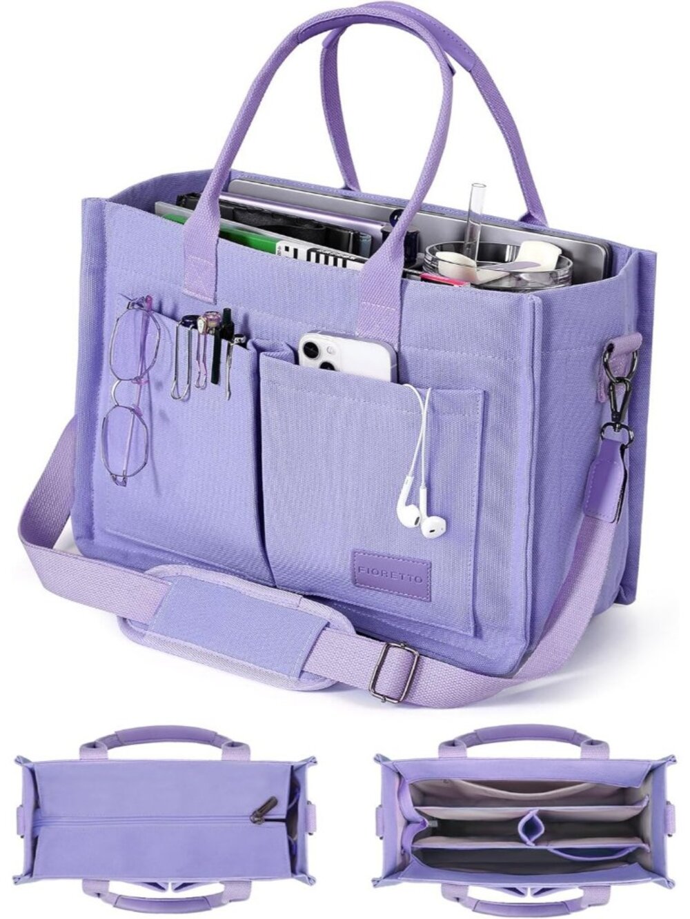 FIORETTO Canvas Women's Purple Tote Bag Zipper Closure & Compartment Pockets Bag